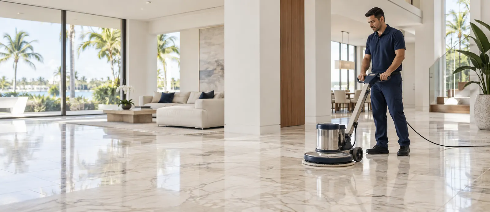 Professional floor polishing in a modern South Florida interior