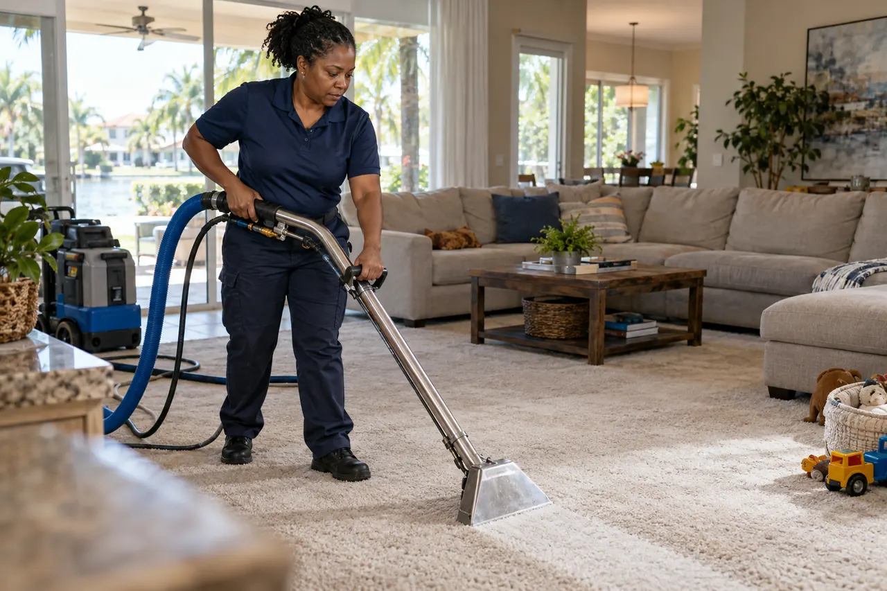 Female carpet cleaning technician using a professional extraction wand in a family room