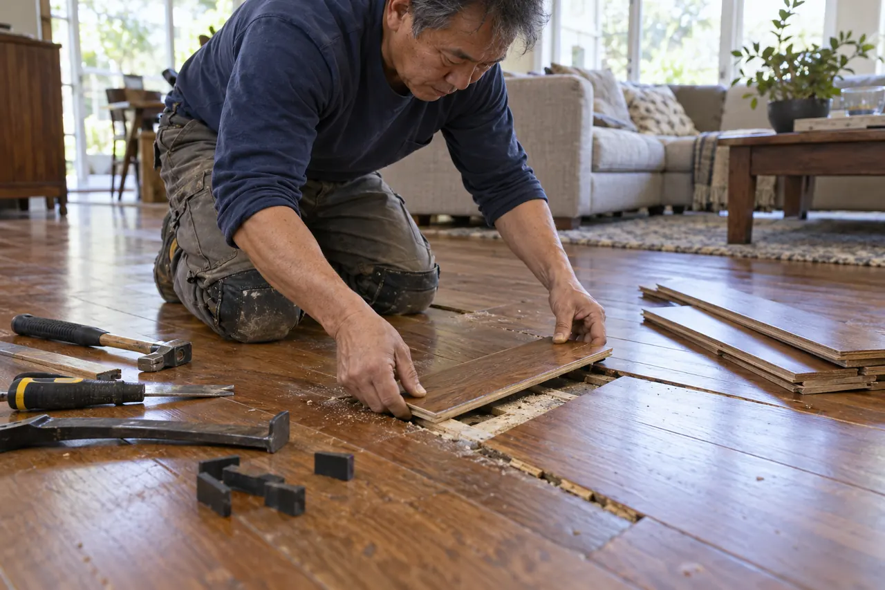 Experienced technician replacing a damaged hardwood flooring plank with hand tools