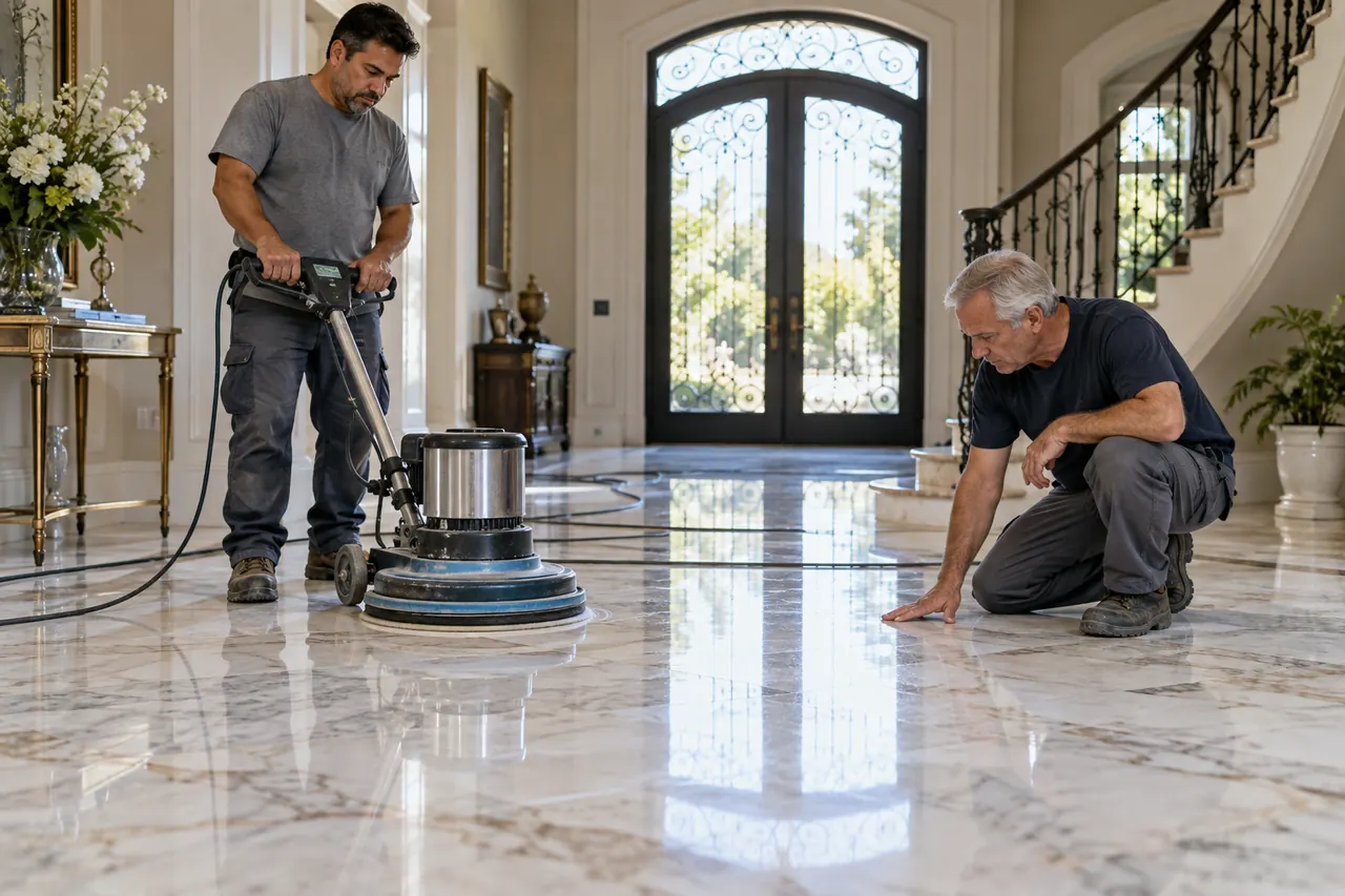 Two experienced technicians polishing and inspecting a residential marble foyer floor