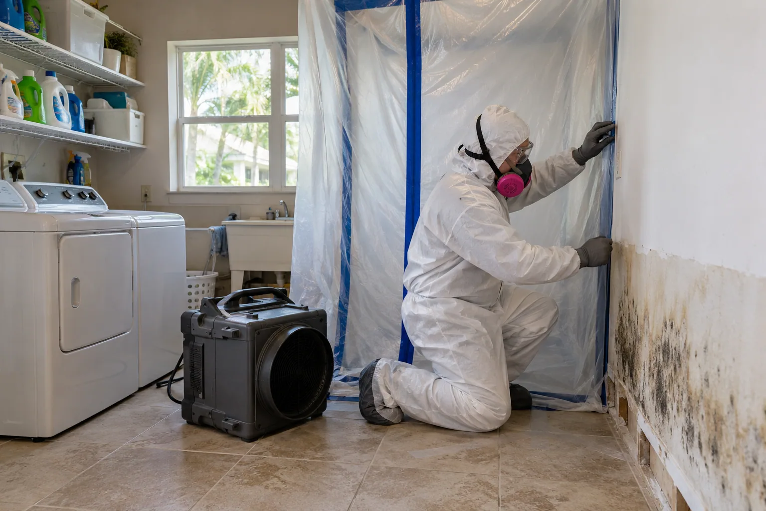 Properly protected remediation technician setting up containment around a localized mold-affected wall