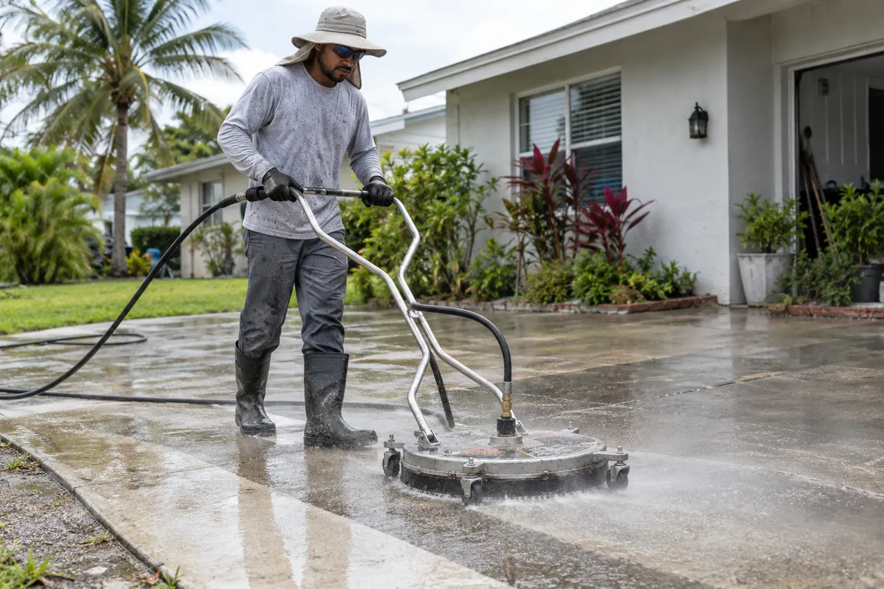 Outdoor service technician pressure-cleaning a residential concrete driveway