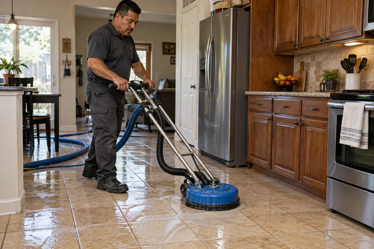 Professional technician cleaning tile and grout with rotary extraction equipment in a kitchen