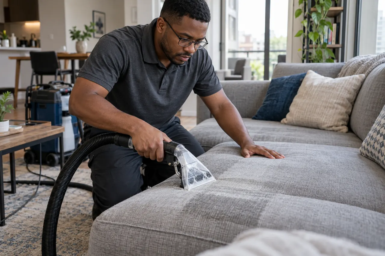 Upholstery technician using a clear extraction tool on a fabric sectional sofa
