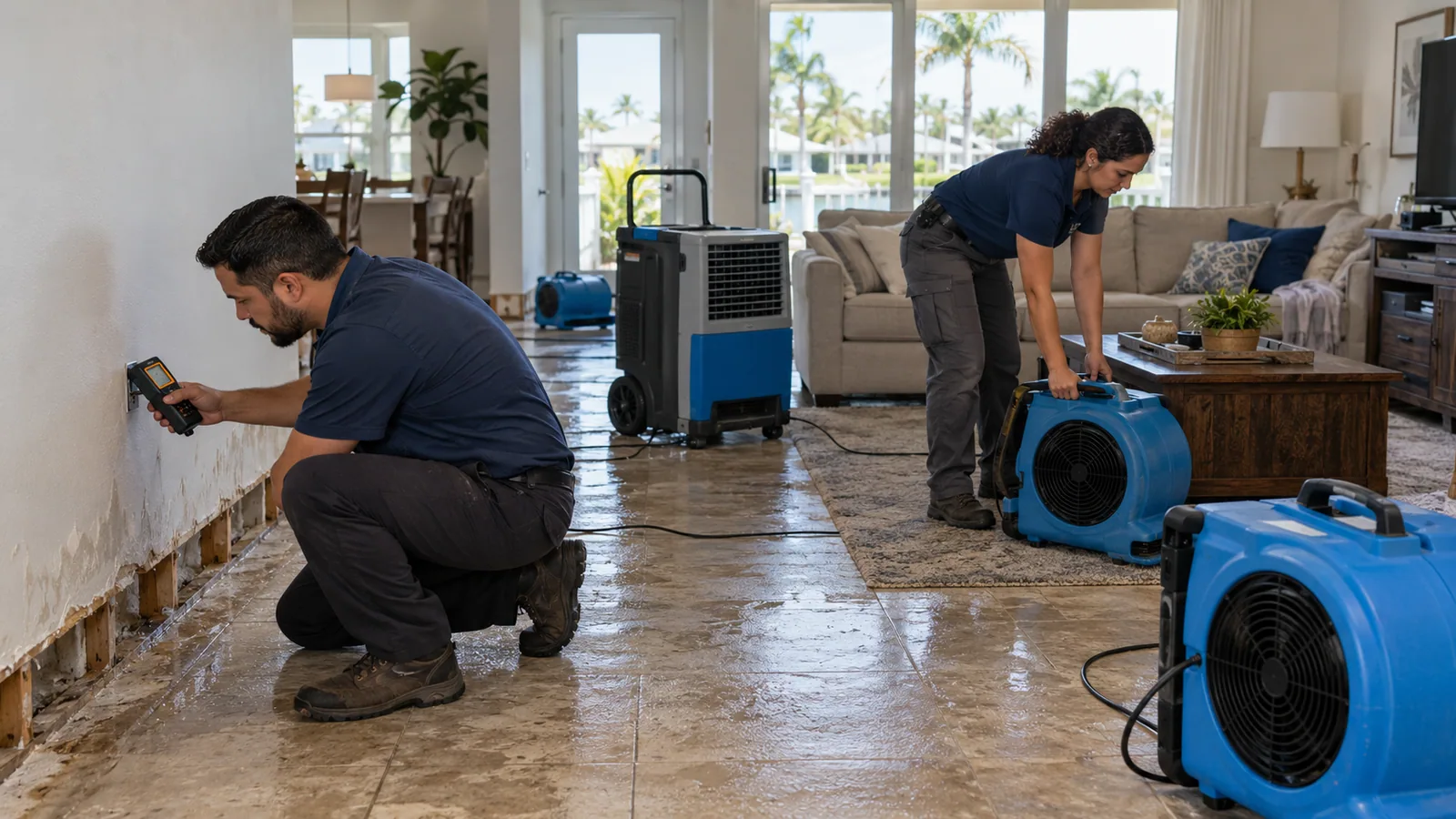 Two restoration technicians using moisture-detection equipment and professional drying machines in a South Florida home